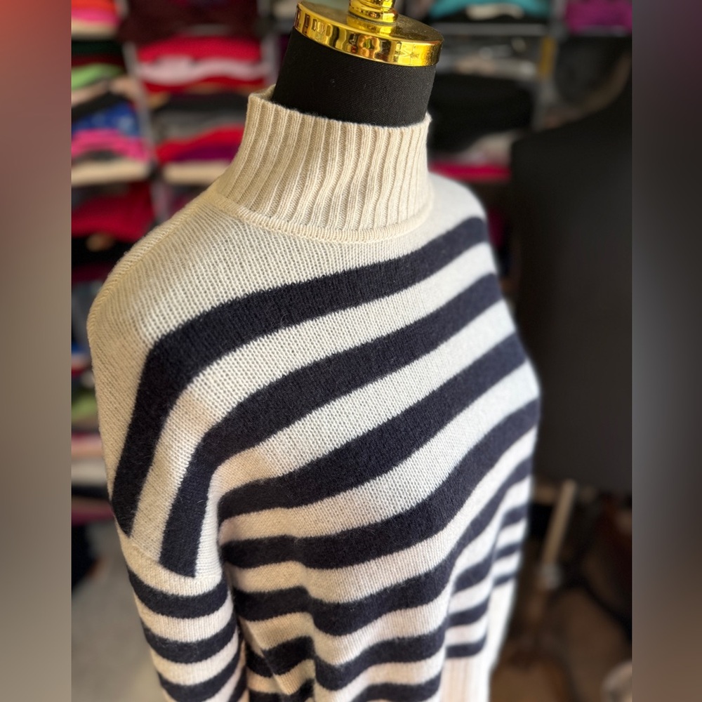 Joie Navy and Cream Striped Turtleneck Cashmere Sweater, Super -Soft, S